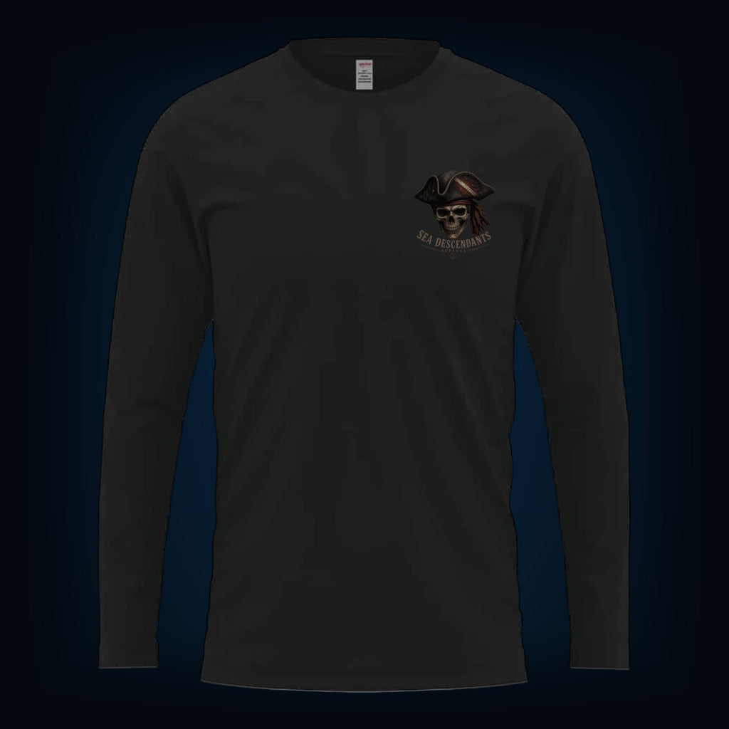 Black long sleeve tee, front, with the Sea Descendants left-chest logo
