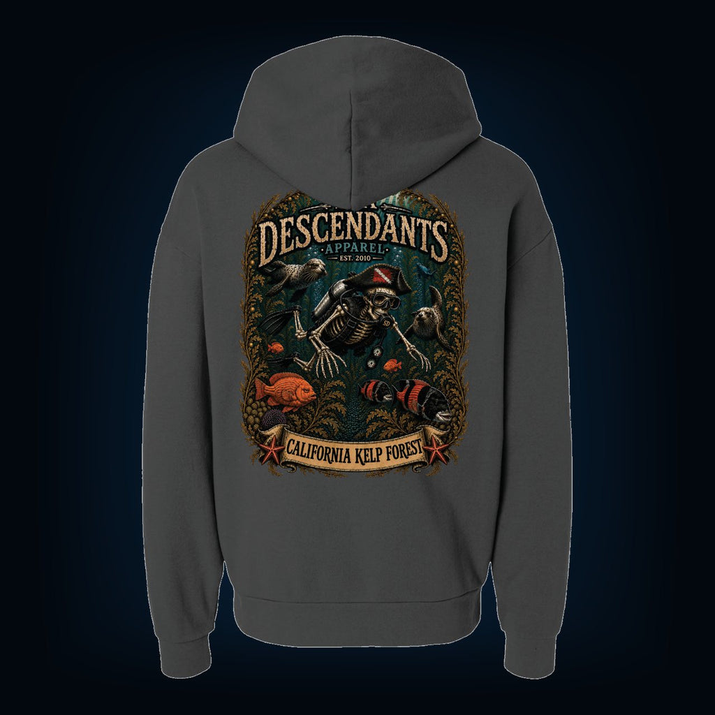California Kelp Forest back print on a Pigment Black pullover hoodie
