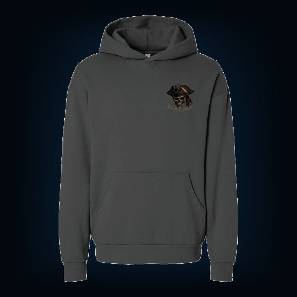 Pigment Black pullover hoodie, front, with the Sea Descendants left-chest logo