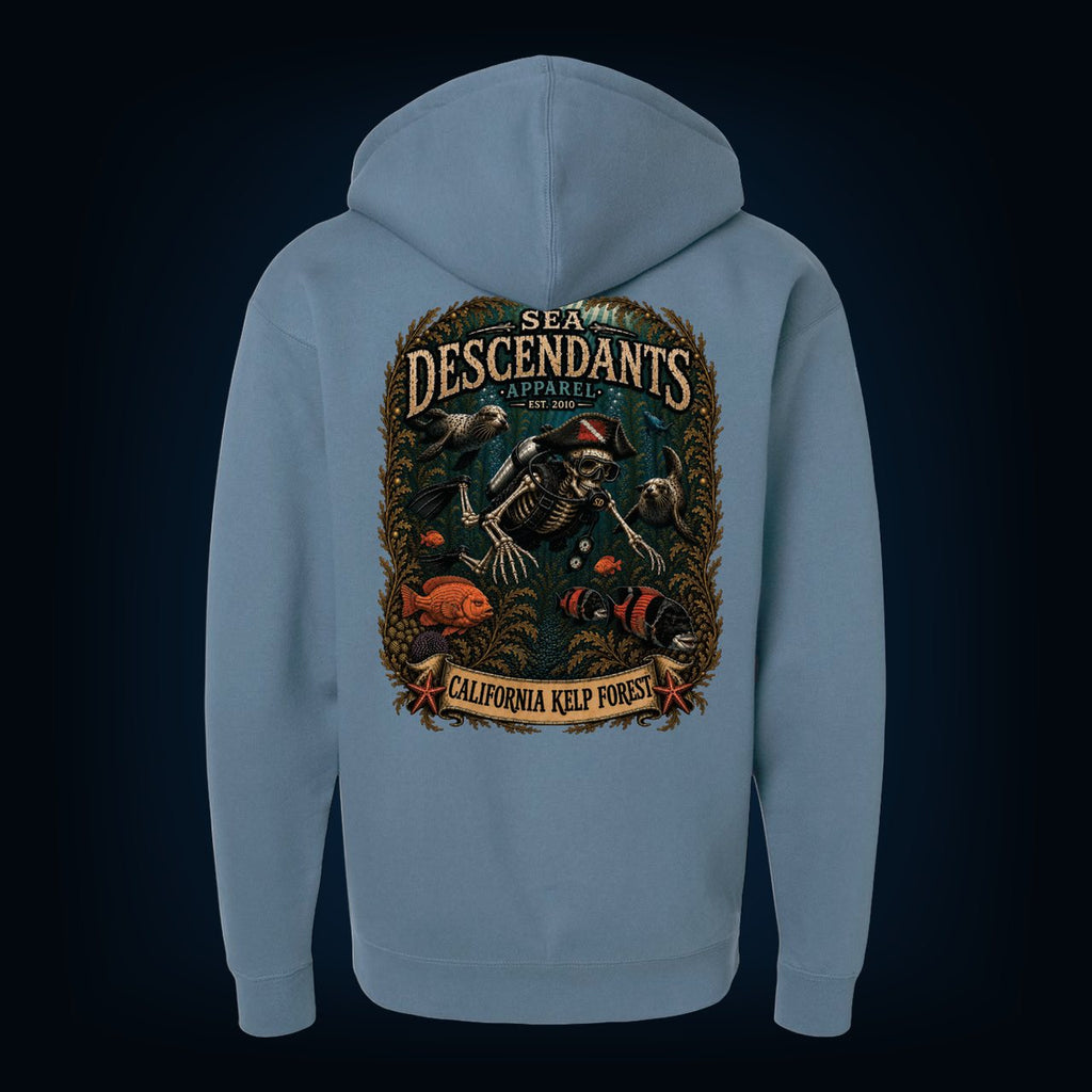 California Kelp Forest back print on a Storm Blue full-zip hoodie