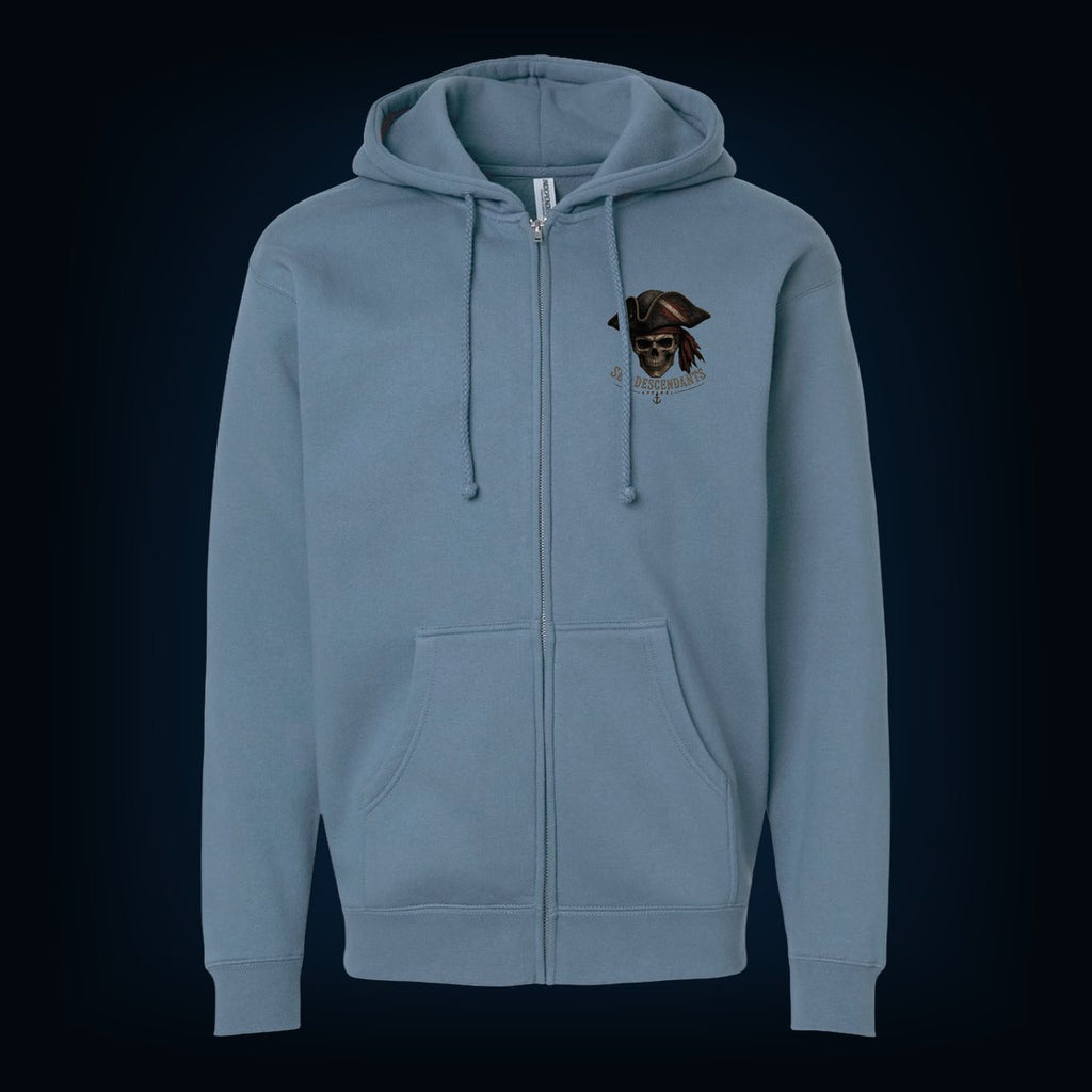 Storm Blue full-zip hoodie, front, with the Sea Descendants left-chest logo