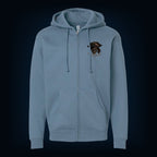 Storm Blue full-zip hoodie, front, with the Sea Descendants left-chest logo
