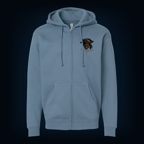 Storm Blue full-zip hoodie, front, with the Sea Descendants left-chest logo